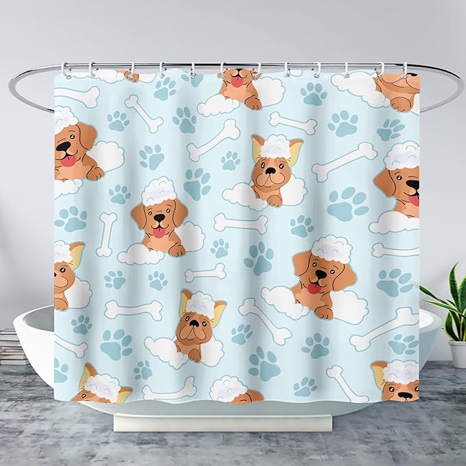AILONEN Cute Dog Shower Curtain,Cute Bulldog Labrador Dog Print Shower Curtain, 48" W*72" H Waterproof Happy Shower Puppy Dog Lover Curtain with Grommets and 12 Hooks
