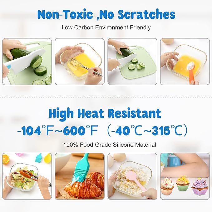 HOTEC Kids Baking Cooking Supplies Set Nylon Children's Kitchen knives BPA Free Cuttting Board Silicone Spoon Spatula Cupcake mold