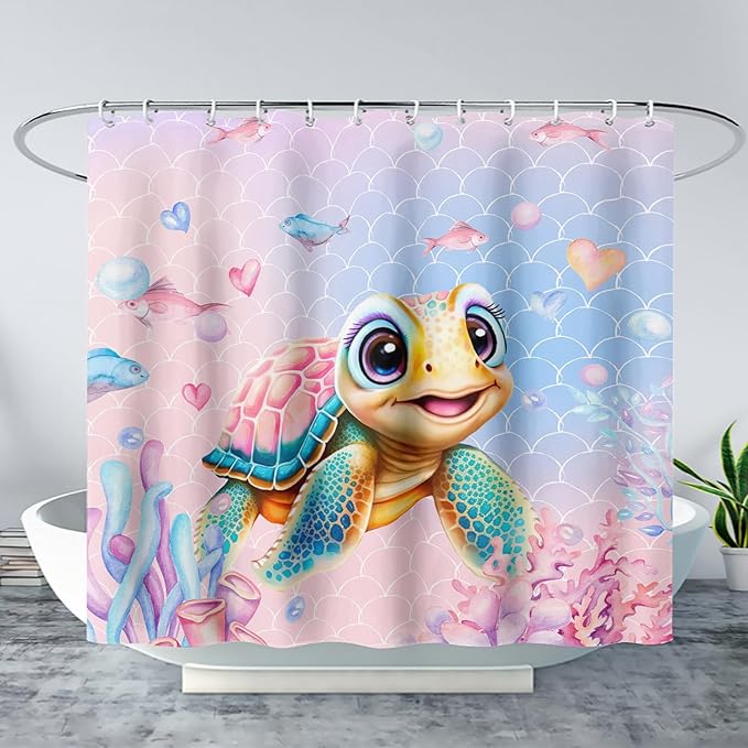 AILONEN Kawaii Sea Turtle Shower Curtain,Tie Die Turtle Bath Curtain Cloth Fabric Bathroom 60" W*72" H Inch,12 Pack Hooks for Kids Child,Watercolor Scale Bathroom Curtain