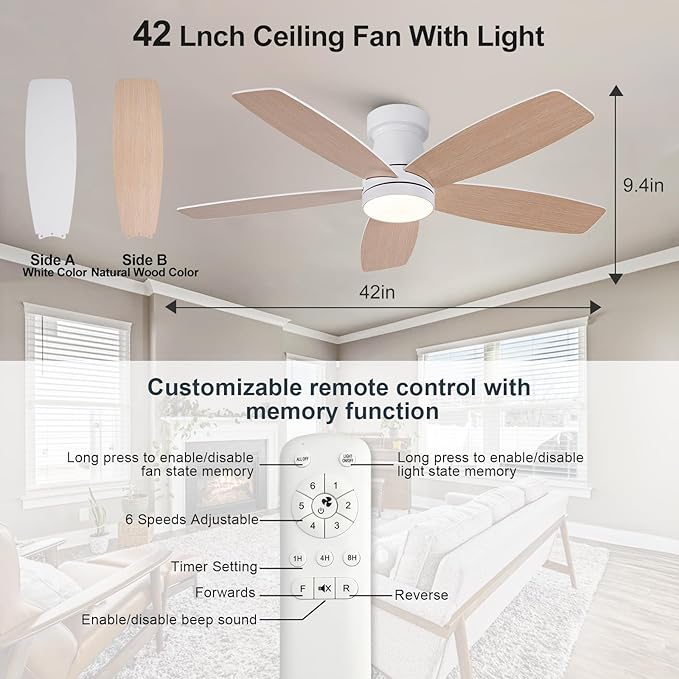 42 inch Ceiling Fans with Lights and Remote,Flush Mount White Ceiling Fan,Memory Fuction Reversible Quiet DC Motor Low Profile Ceiling Fans For Living Room Bedroom Outdoor(White&Natural Wood)