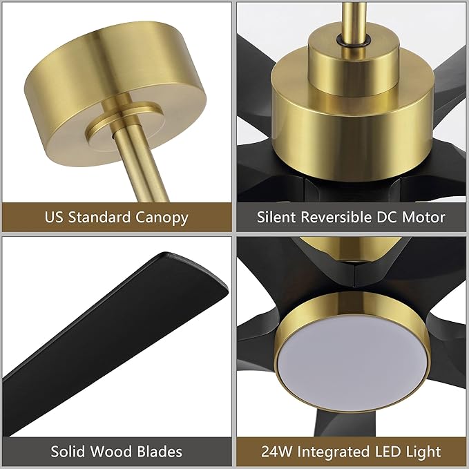 52" Modern Ceiling Fan with Light and Remote Control, 5 Solid Wood Blades 6-Speed Noiseless Reversible DC Motor, Ceiling Fan for Bedroom Dinning Living Room, Gold Finish with Black Blades