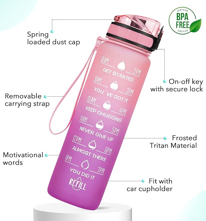 32oz Motivational Water Bottle with Time Marker & Fruit Strainer, Leak-proof BPA Free Non-Toxic Bottle with Carrying Strap, Perfect for Fitness, Gym and Outdoor Sports