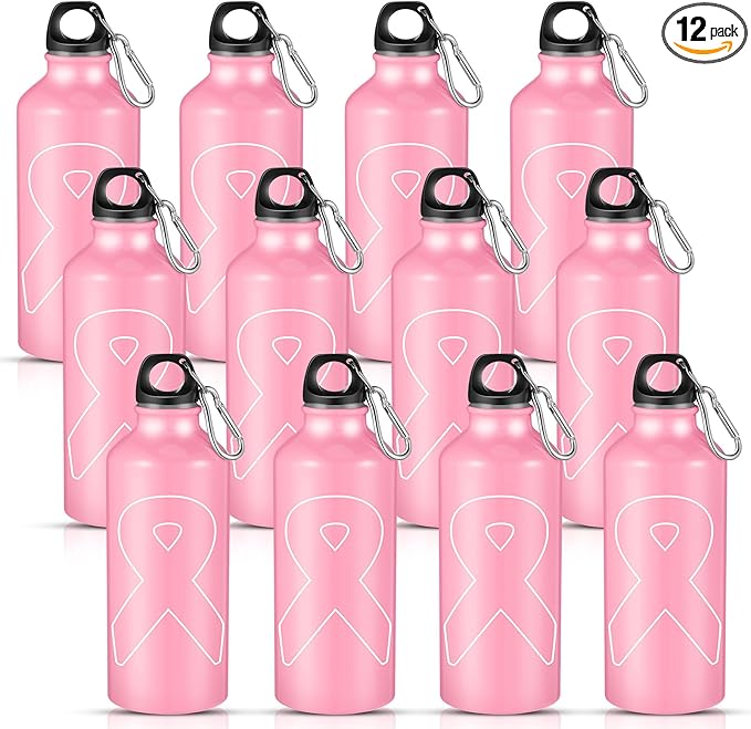 12 Pieces Breast Cancer Awareness Gifts Aluminum Water Bottles Pink Ribbon Breast Cancer Gift for Women Leak Proof Lightweight Portable Bottles for Marathon Running(17 oz, Classic Style)