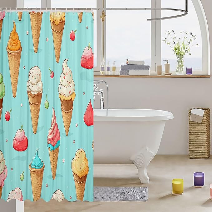 Feelyou Ice Cream Fabric Shower Curtain for Girls Boys Kids Blue Cartoon Bathroom Waterproof Accessories with 12 Hooks Cherry Shower Curtain Yummy Food Curtains,72x72 Inches