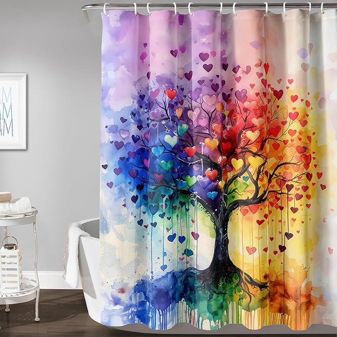 AILONEN Tree of Life Shower Curtain for Bathroom,Watercolor Hearts Tree Printed Waterproof Bath Curtain,Colorful Tree Leaves of Life Abstract Boho Shower Curtain 36" W x 72" H