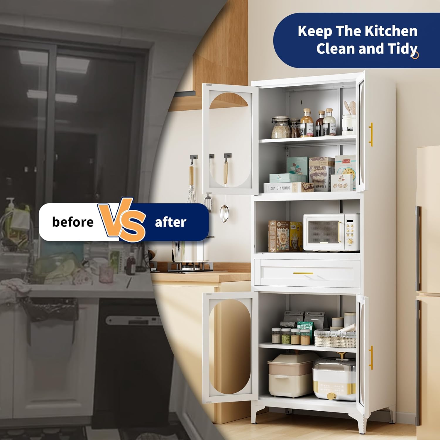 75” Tall Kitchen Pantry Storage Cabinet, Metal Storage Cabinet with 1 Drawer and Adjustable Shelves, Kitchen Pantry Cupboard, Freestanding Cupboard for Bathroom, Living Room (White-Glass Door)