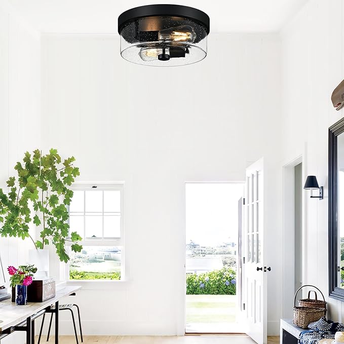 Black Flush Mount Ceiling Light Fixtures, 2-Light Ceiling Mount for Farmhouse with Seeded Glass Lampshade, Industrial Flush Mount Light Fixture Farmhouse for Hallway, Kitchen, Entryway and Foyer