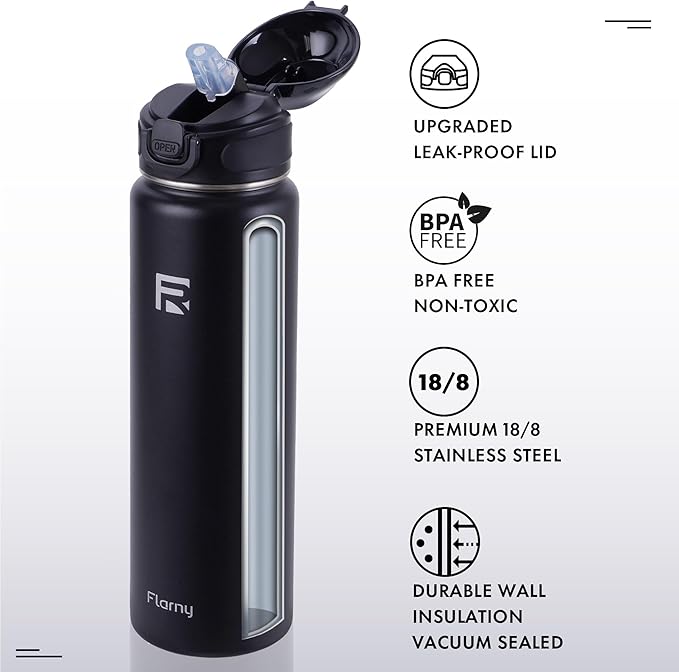 32 oz Insulated Water Bottle with Straw, Stainless Steel Metal Thermos Bottles, Durable Non-Slip Gradient Bottle with Strap for Sports and Travel, Leak Proof (Black Matte)