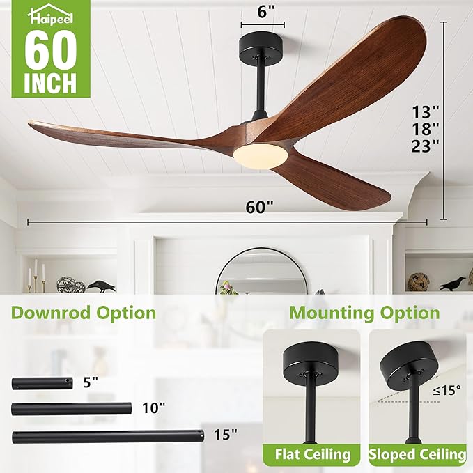Ceiling Fans with Lights, 60 Inch Solid Wood Propeller Ceiling Fans with Lights and Remote Control Outdoor Ceiling Fan for Patios Indoor Living Room 3 Blades, DC Motor ETL Listed, Dark Walnut