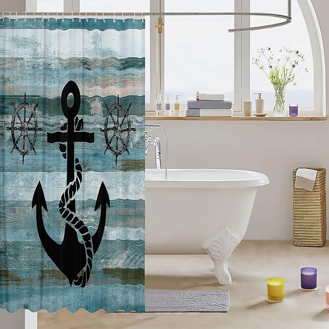 Feelyou Anchor Nautical Shower Curtain Vintage Plank Blue Fabric Shower Curtain Kids Boys Girls Wooden Retro Green Bathroom Waterproof Accessories with 12 Hooks Rustic Farmhouse Curtains,72x84 Inches