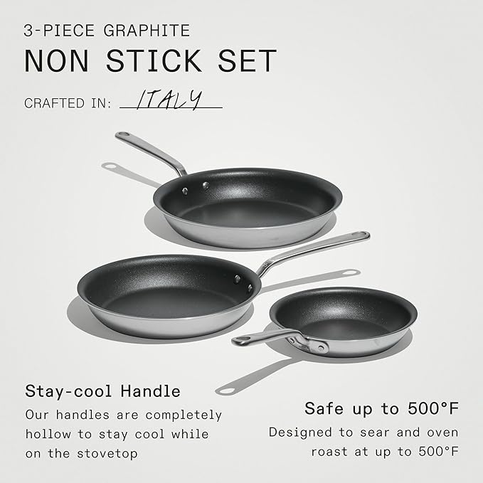 Made In Cookware - ProCoat Non Stick 3 Piece Frying Pan Set (Includes 8",10",12") - 5 Ply Stainless Clad - Professional Cookware - Made in Italy - Induction Compatible - (Graphite)