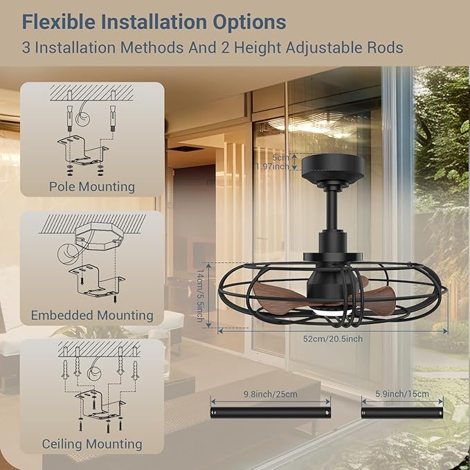 NACATIN Outdoor Ceiling Fan with Lights, Remote, App & Wall Switch Control, 21in RGB Ceiling Fans with Lights and Remote, 3 Color Temperatures: Perfect for Patios, Gazebos, & Bedrooms, Black