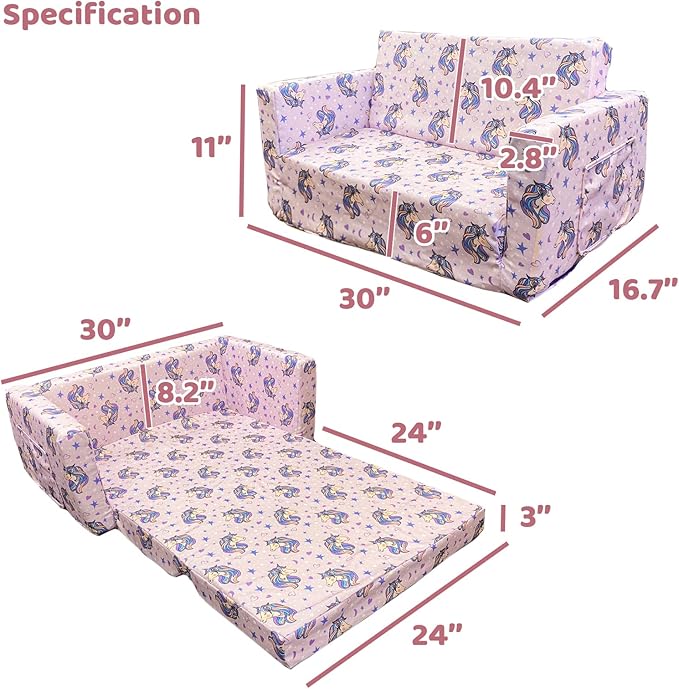 2 Seats Convertible Sofa, Extra Soft Polyester Kids Sofa with Folding Sleeper & Cute Dinosaur Print, Machine Washable, for Girls & Boys