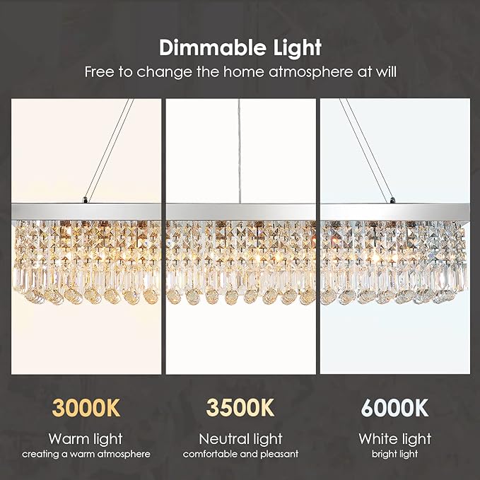 Siljoy 10-Light Modern Crystal Chandelier for Dining Room, Rectangular K9 Crystal Raindrop Chandelier, Rectangle Pendant Ceiling Light Fixture for Living Room Kitchen Island L47'' x W10'' x H10''