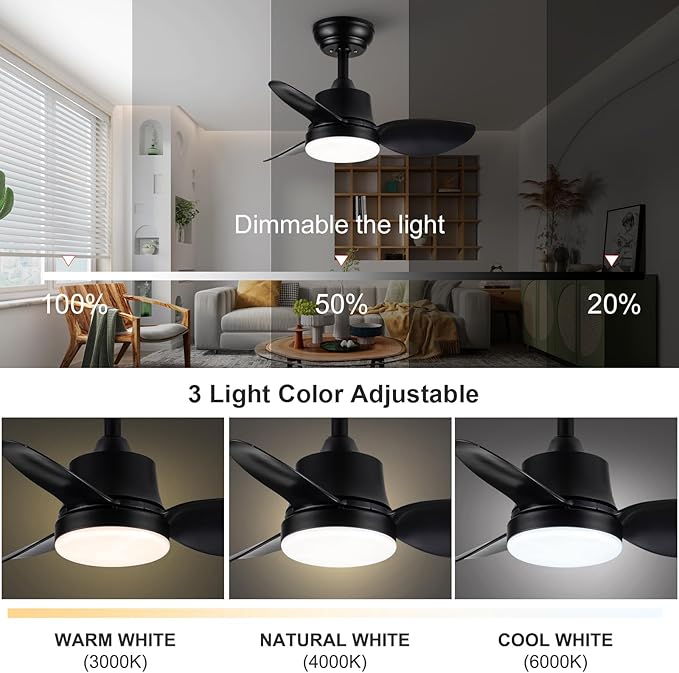Black small Ceiling Fan with Light 24-Inch, Remote Control, 3-Color Dimmable, Reversible, 6-Speed - Ideal for Kitchen, Bedroom, Balcony, Study - Easy Installation
