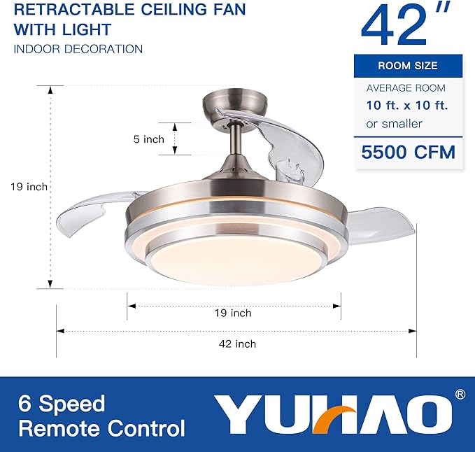 NicBex Ceiling Fan 42 Inch Ceiling Fan with Lights Ceiling Fans with Remote Control and 3 Retractable Blades Ceiling Fan with 6 Gear Wind Speed for Bedroom, Living Room, Silver White