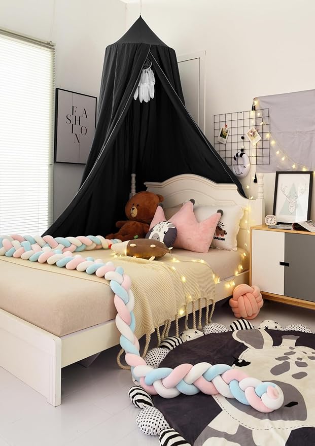 Bed Canopy for Boys Girls,Crib Canopy Curtains,Extra Large Dome Mosquito Net Reading Nook Canopy for Kids Boys Twin Full Queen Size Bed,Fire Retardant Fabric (Black)