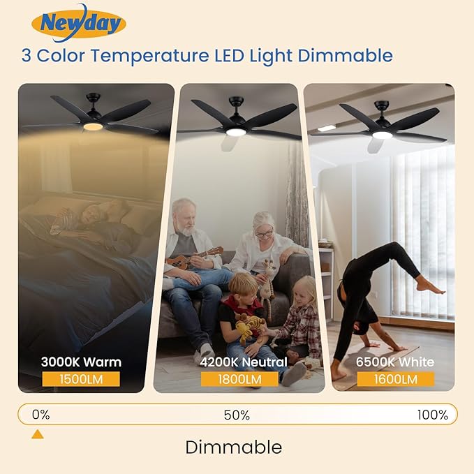 Newday 60 inch Black Ceiling Fan with Light Remote Control, Dimmable 3 CCT LED Ceiling Fans with Lights, 6 Speeds Reversible DC Motor Modern Ceiling Fan for Living Room Bedroom Indoor Outdoor