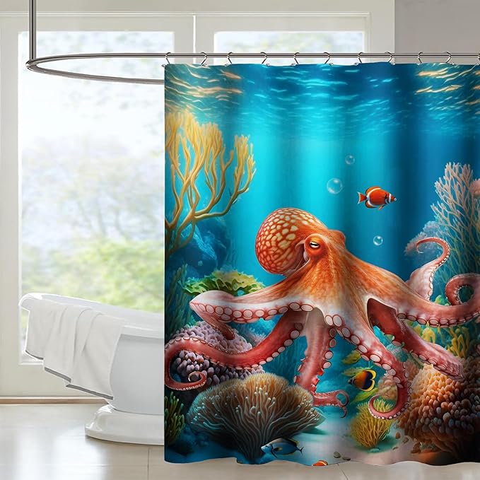 AILONEN Kawaii Octopus Shower Curtain,3D Octopus Turquoise Themed Bath Curtain Cloth Fabric Bathroom 72" W*78" H Inch,12 Pack Hooks for Kids Child,Boho Mandala Ocean Theme Bathroom Curtain