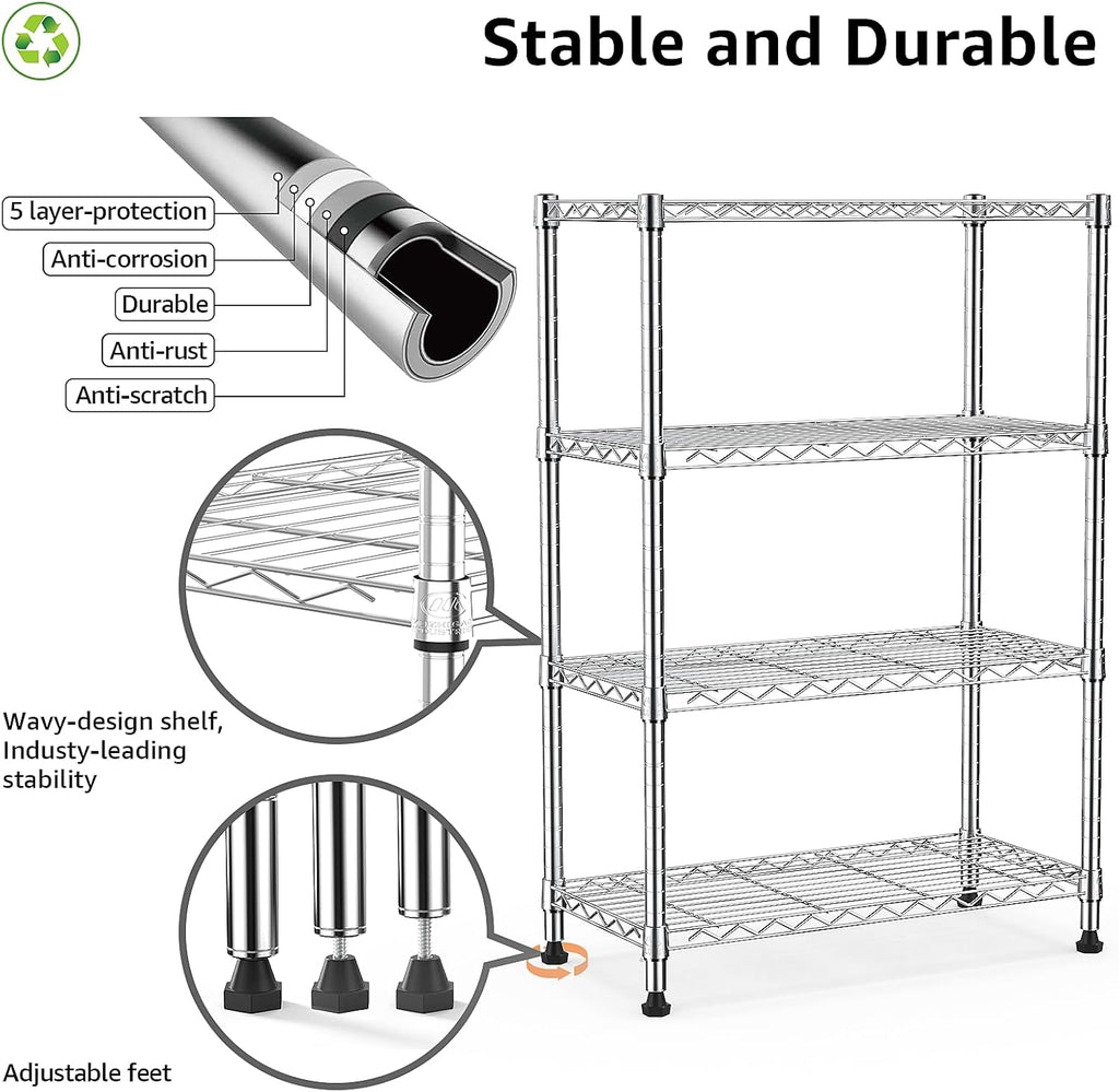 1000 lbs Storage Shelving 4-Tier Utility Shelving Unit Steel Organizer Wire Rack for Home,Kitchen,Office,Chrome (13.7" D x 23.6" W x 53.4" H)