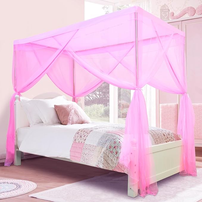 tupi Canopy Bed Curtains -Twin Bed Canopy for Girls, Pink Girls Canopy for Twin Bed, Princess Bed Drapes Polyester Netting - 4 Corner Bed Curtain Bedroom Decor, 79"L x 39'' W x 75"H, Easy to Install