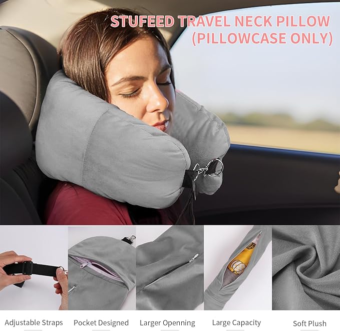 Stuffable Travel Pillow for Extra Luggage, Travel Neck Pillow Stuffable with Clothes, Stuffable Neck Pillow for Travel, Velvet Travel Neck Pillow Storage Bag, Fillable Luggage Pillow (Grey)