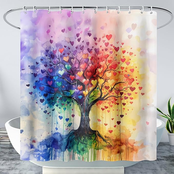 AILONEN Tree of Life Shower Curtain for Bathroom,Watercolor Hearts Tree Printed Waterproof Bath Curtain,Colorful Tree Leaves of Life Abstract Boho Shower Curtain 72" W x 78" H