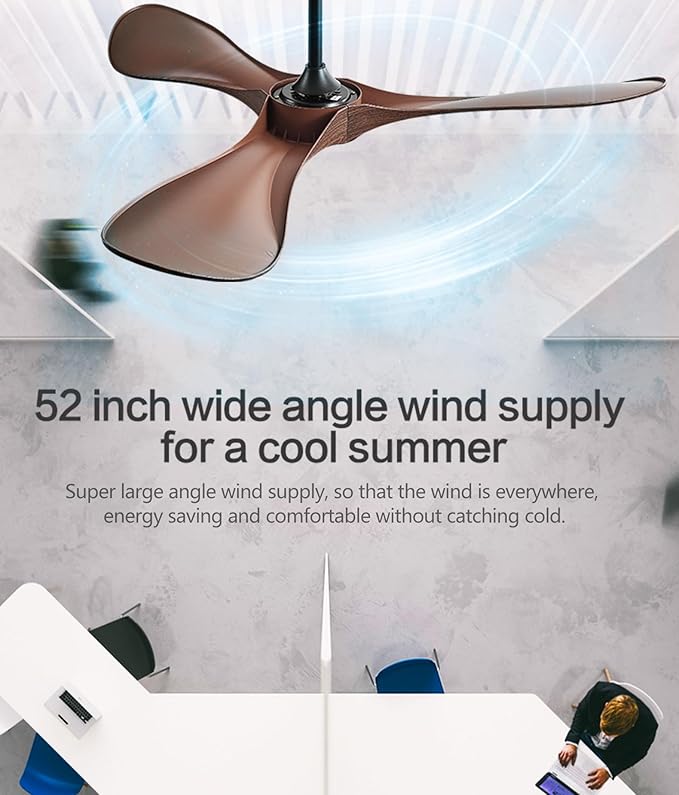 Ceiling Fan with Remote,52 Inch Wood Color Ceiling Fan no light for Indoor/Outdoor,6 Speed Noiseless Reversible DC Motor，Modern Ceiling Fan with Timer for Kitchen, Living Room Farmhouse Patios