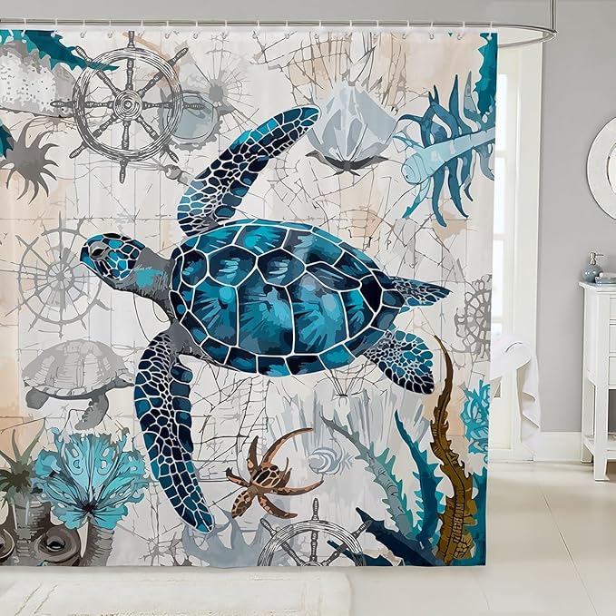 Feelyou Sea Turtle Shower Curtain Ocean Sailboat Compass Fabric Shower Curtain for Kids Boys Girls Nautical Theme Bathroom Waterproof Accessories with 12 Hooks Ocean Creature Curtains,72x78 Inches