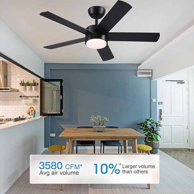 42 inch Black Ceiling Fan with Light Remote Control, LED Ceiling Fans with Lights, 3-Colors Dimmable, Reversible, Modern Ceiling Fan for Bedroom, Dining Room, Living Room