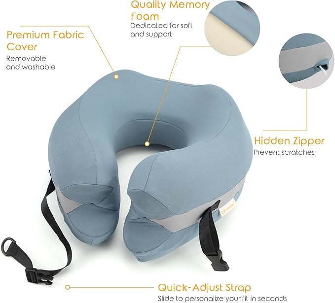 Travel Neck Pillow Premium Memory Foam, Head Support, Comfortable and Soft for Flight and Trip. Airplane Traveling Kit with Contoured Eye Mask, Triple Layer Earplug, and Travel Bag (Ice Blue)