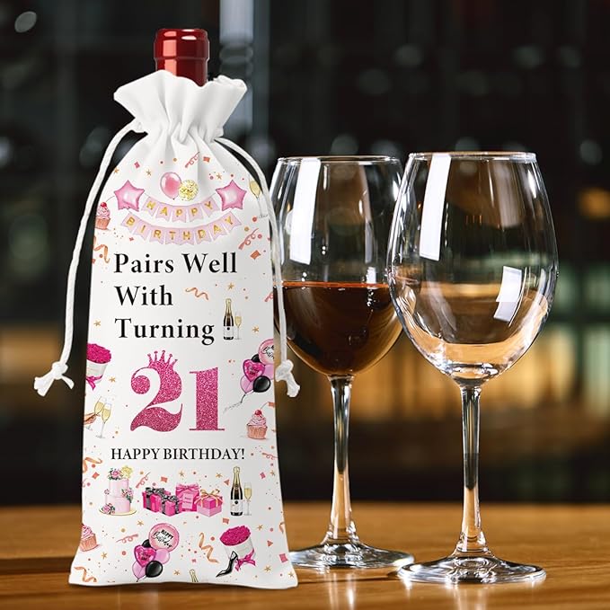 21st Birthday Gifts for Her Him Wine Bag, 21 Year Old Birthday Gifts for Her, Happy 21st Birthday Party Decorations for Her Him, Pairs Well with Turning 21 Wine Bags (White Pink)