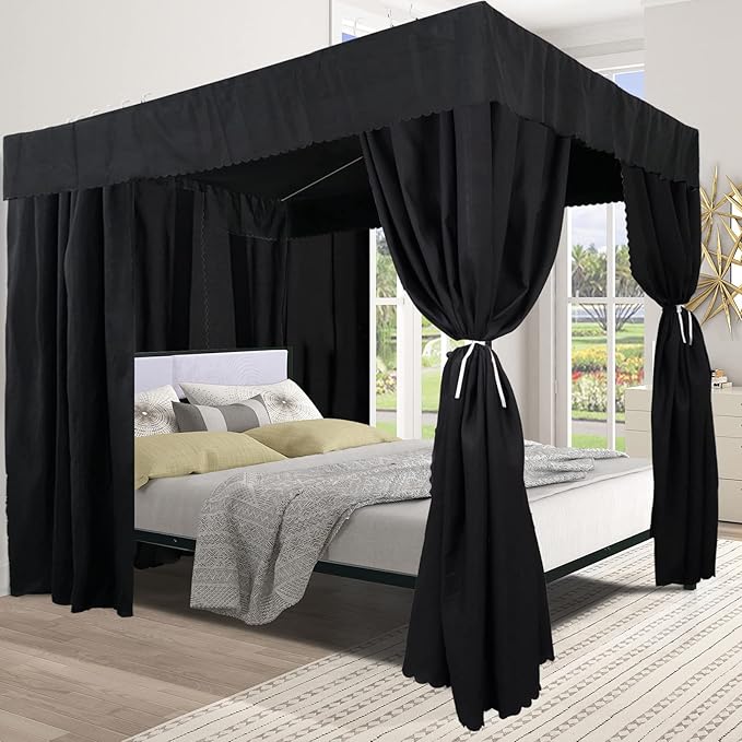 Black Canopy Bed Curtains - 4 Corner Post Bed Curtains Canopy King Bed Canopy Curtains for Adults Girls Bedroom Decoration(Black, King)