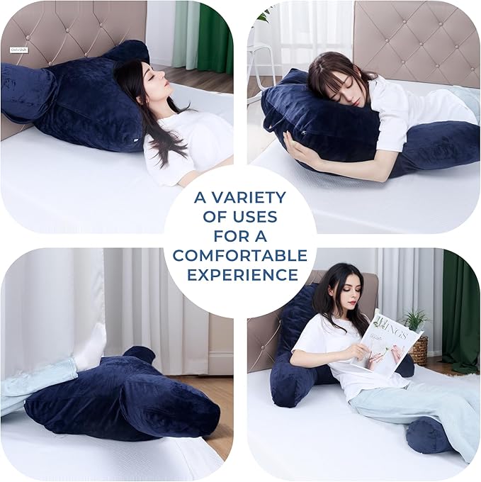 COOLBEBE Reading Pillow for Bed Backrest Pillow for Bed Sitting Up Adult with Arms Navy Back Support Pillow with Headrest & Pockets, Removable Washable Cover and Detachable Neck Roll(Extra Large 27")