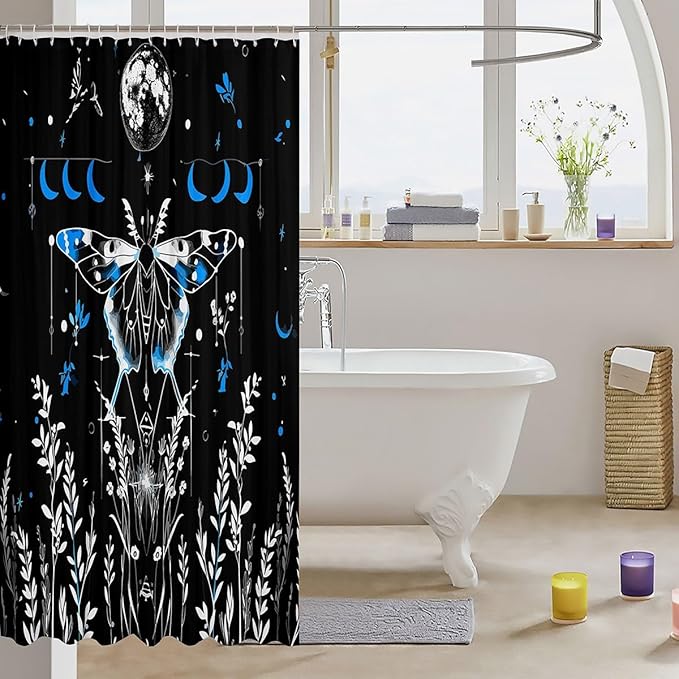 Feelyou Goth Moth Fabric Shower Curtain Bohemian Moth Floral Shower Curtain Kids Boys Girls Moon Bathroom Waterproof Accessories with 12 Hooks Boho Exotic Style Black Blue Decor Curtains,72x78 Inches