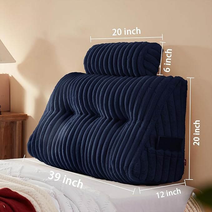 Faux Fur Headboard Pillow with 2 Pack Neck Roll Pillow Large Headboard Pillow Soft and Supportive with Removable Cover (Blue, Twin)