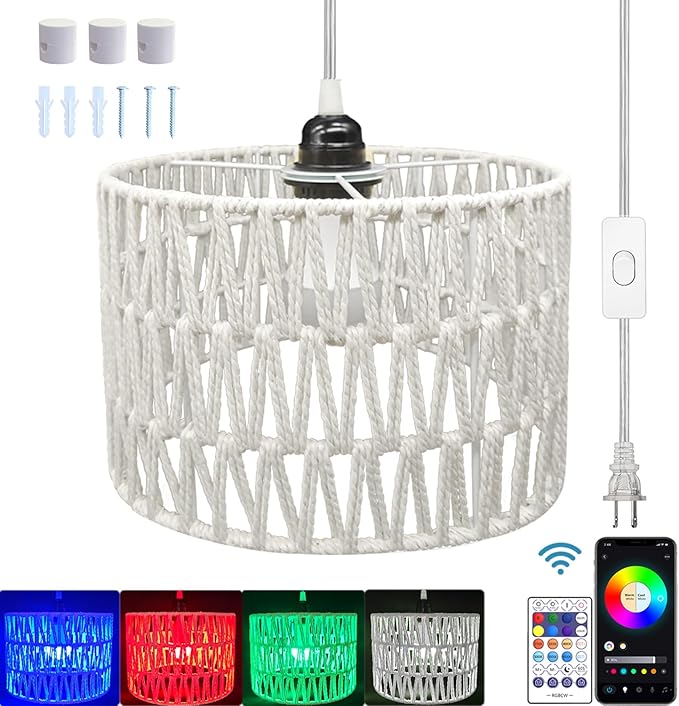 Hanging Lamp Plug in Rattan Hanging Lights with Plug in Cord, Woven Pendant Light with Smart RGB Bulb and Remote Control for Bedroom Living Room Farmhouse Kitchen (White, Barrel Shade)