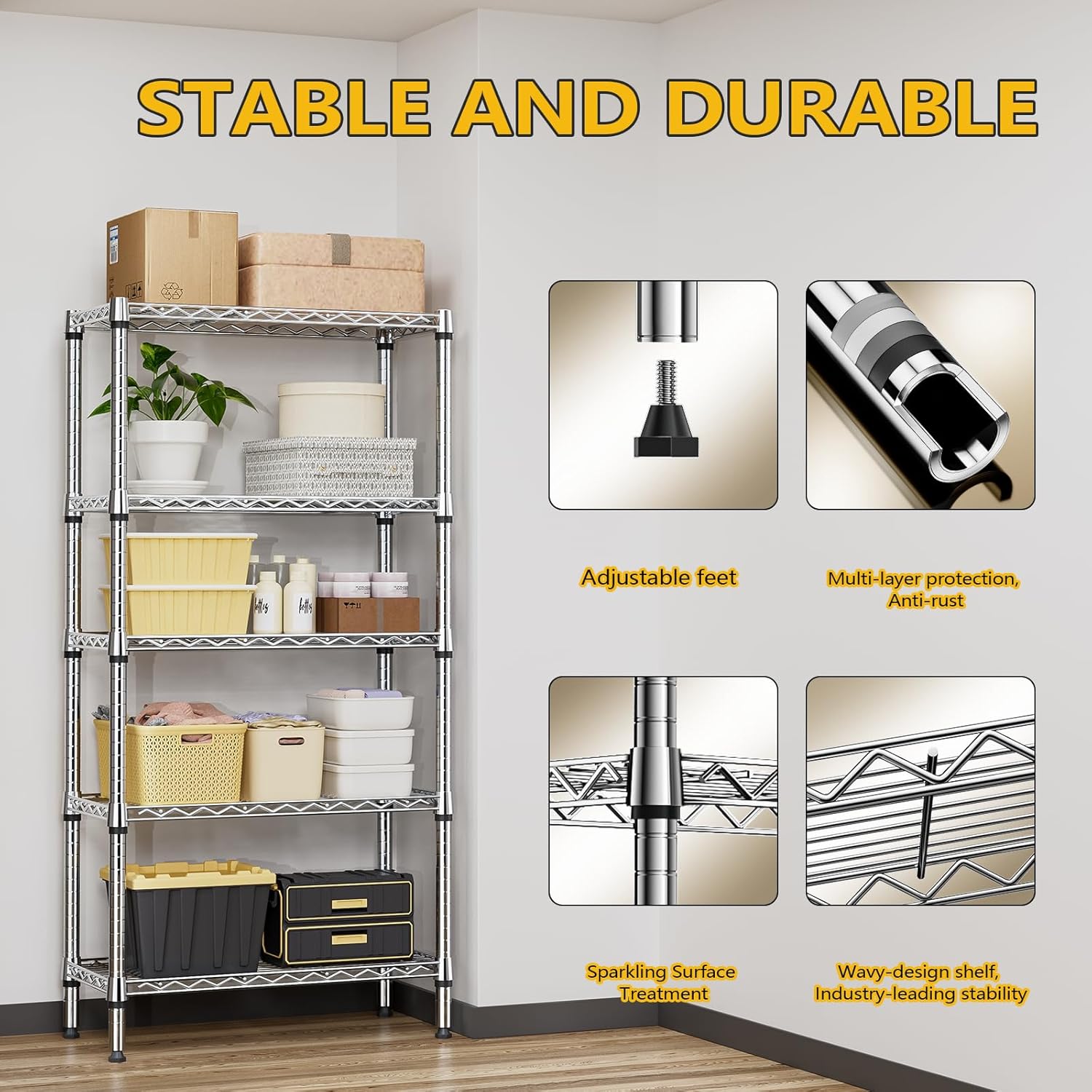 1250 lbs 5 Tier Shelf Metal Storage Shelves Shelving Wire Rack Heavy Duty Closet Organizers for Garage Kitchen Bathroom Laundry Chrome 13.8" D x 29.5" W x 59.5" H