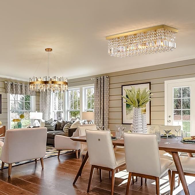 Siljoy Modern Crystal Ceiling Light Luxury Gold Rectangular Flush Mount Crystal Raindrop Chandelier 10 Lights Large Rectangle Pendant Light for Living Dining Room Kitchen Island L47'' x W10'' x H10''