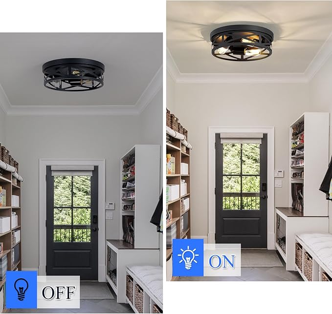 13 inch Black Flush Mount Ceiling Light Fixture, 3-Light, Close to Ceiling, Ideal for Hallway, Kitchen, Farmhouse, Bedroom