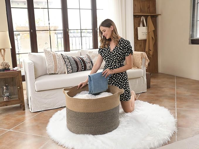 24" x 24" x 17" Max Size Large Cotton Rope Basket, Extra Large Storage Basket, Woven Laundry Hamper, Cloth Storage Bin, for Blankets Clothes Towels Pillows in Living Room, Jute/Black Mix