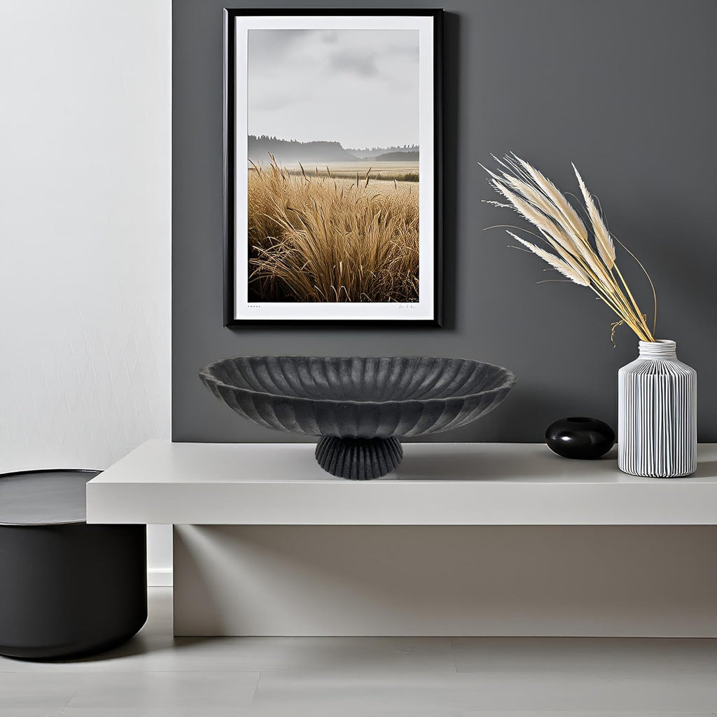 14.5" Large Decorative Long Bowl - Black Fluted Scalloped Decorative Bowls for Home Decor - Ruffle Decor,Stylish Key Bowl for Entry Table,Decorative Fruit Bowls for Kitchen Counter