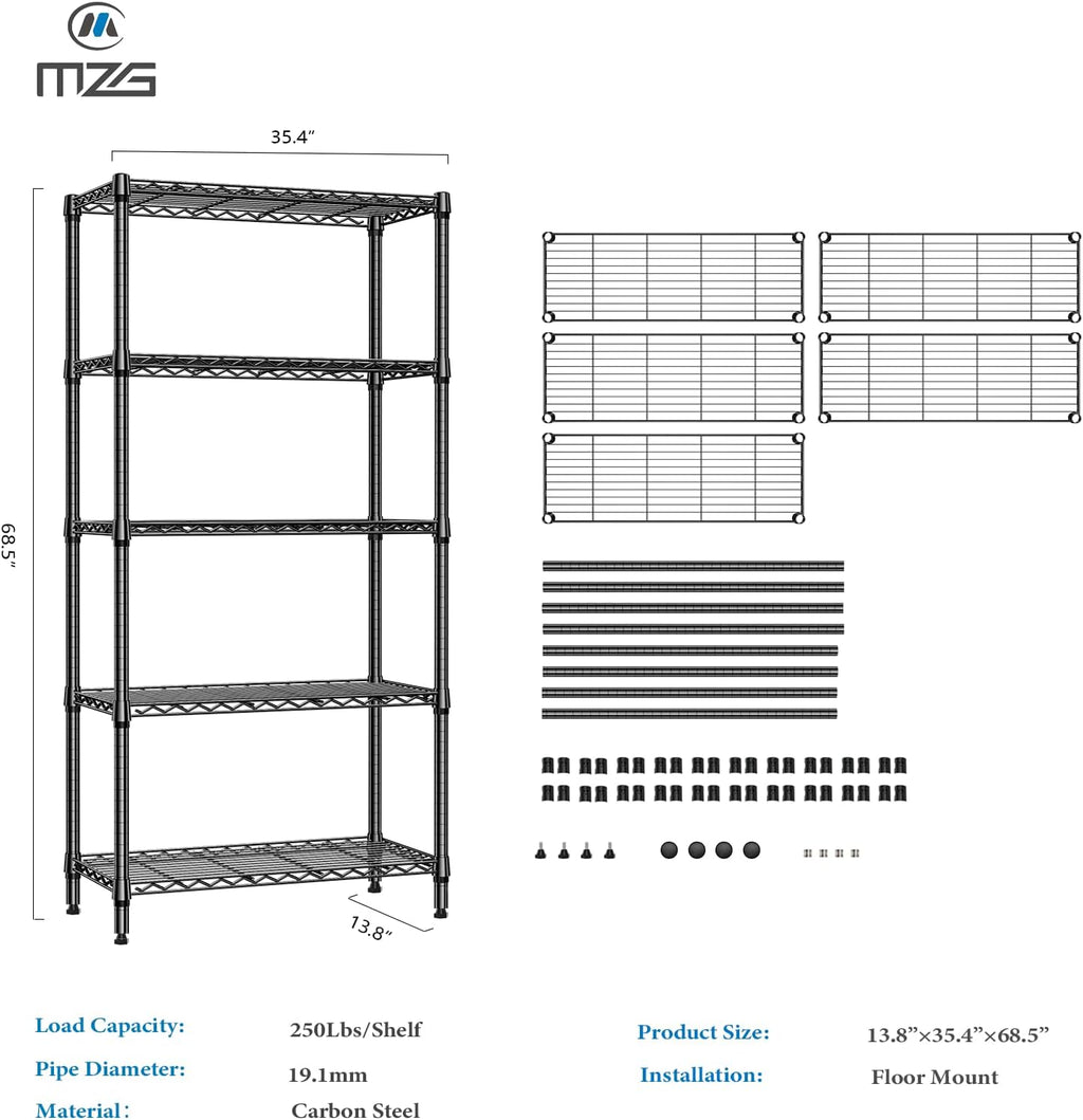 1250 lbs 5 Tier Shelf Metal Storage Shelves Shelving Wire Rack Heavy Duty Closet Organizers for Garage Kitchen Bathroom Laundry Black 13.8" D x 35.4" W x 68.5" H