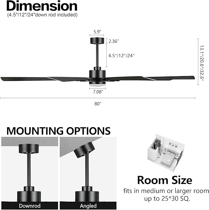 80" Ceiling Fan with Lights and Remote Control, Wood 8 Blades 6-Speed Noiseless Reversible DC Motor, 3 Downrods, Modern Large Indoor/Outdoor Ceiling fan for Patio Bedroom Dining Living Room, Black