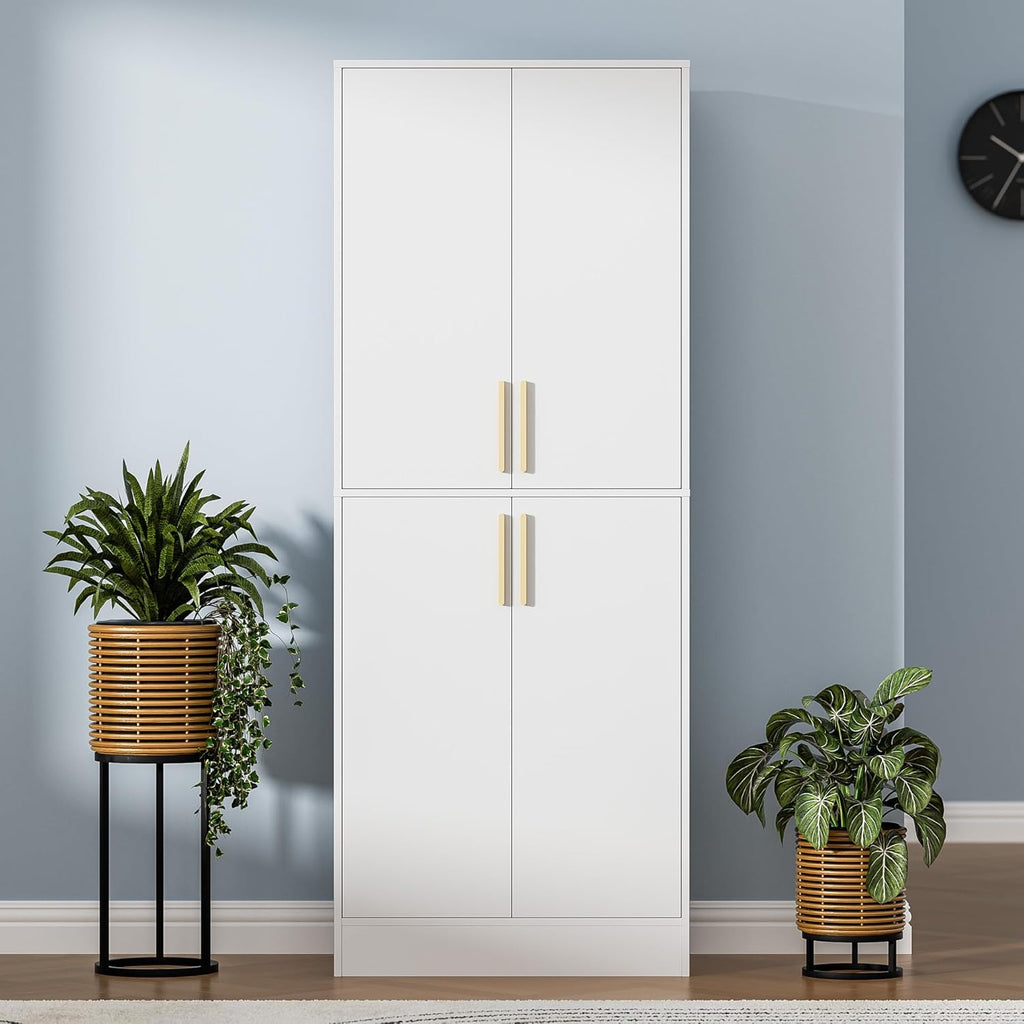 71" Tall Pantry Cabinet with 4 Doors, Kitchen Pantry Storage Cabinet, Freestanding Larder Cupboard, Kitchen Hutch with Gold Handles for Dining Room, Bathroom, White
