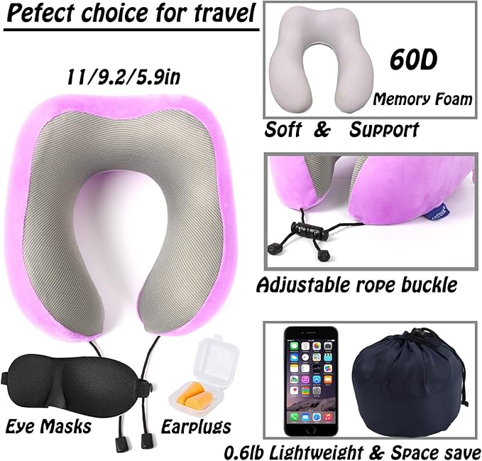 GOTDYA Travel Pillow,Travel Neck Pillows for Sleeping,100% Pure Memory Foam Soft Comfort & Support Pillow for Airplane/Car/Office&Home Rest Use-Violet