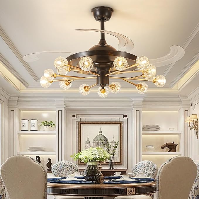 Black and Gold Chandelier Fan: Crystal Sputnik Ceiling Fan with Light and Remote - 42" Modern Fandelier with 15 Lights - Retractable Ceiling Fan for Living Dining Room Kitchen