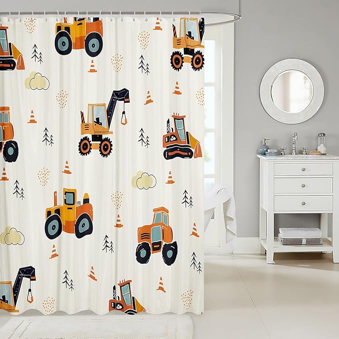Feelyou Excavator Bathroom Shower Curtain Set Construction Vehicles Boys Girls Bath Curtain Cartoon Car Shower Curtain Equipment Trucks Kids Bathroom Accessories 72"x72"