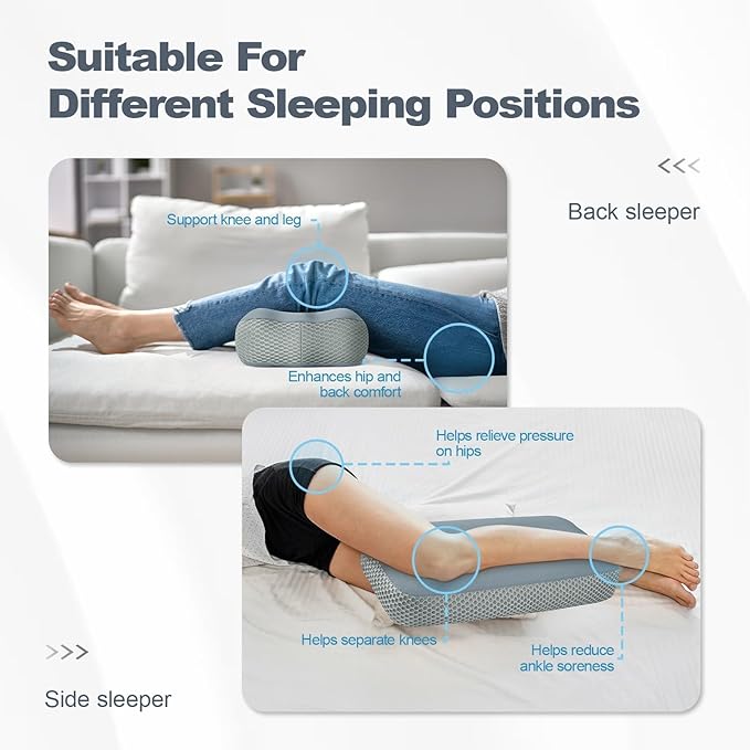 Cooling Memory Foam Knee Pillow for Side Sleepers, Between Legs Pillow, Soothing Relief for Sciatica Back HIPS Knees Joints, with Inner Pillowcase and Extra Foam Filler, Grey