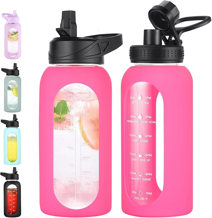 32 oz Glass Water Bottle with Straw and Handle, Sports Motivational Water Flask with Silicone Sleeve, Large Leakproof Water Flask Cup with Time Marker for Travel, Gym, Hot Pink